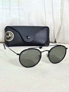 Ray-Ban Round Double Bridge Sunglasses RB3647N Black Frame Green Lenses w/ Case